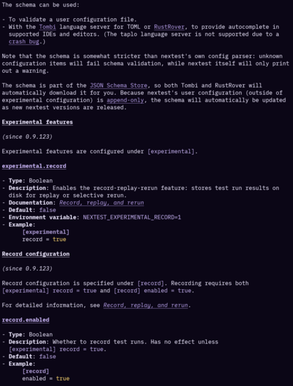 screenshot of `cargo nextest help user-config` in a terminal pager (less in this case) with syntax highlighting and hyperlink support
